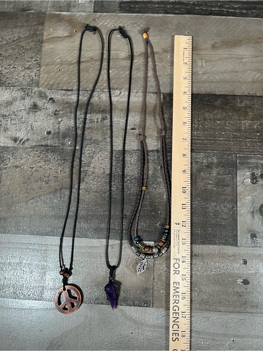 Set of 3 Boho Style Necklaces Peace Sign, Purple Crystal & 2 Tier Beaded Leaf - Picture 6 of 6